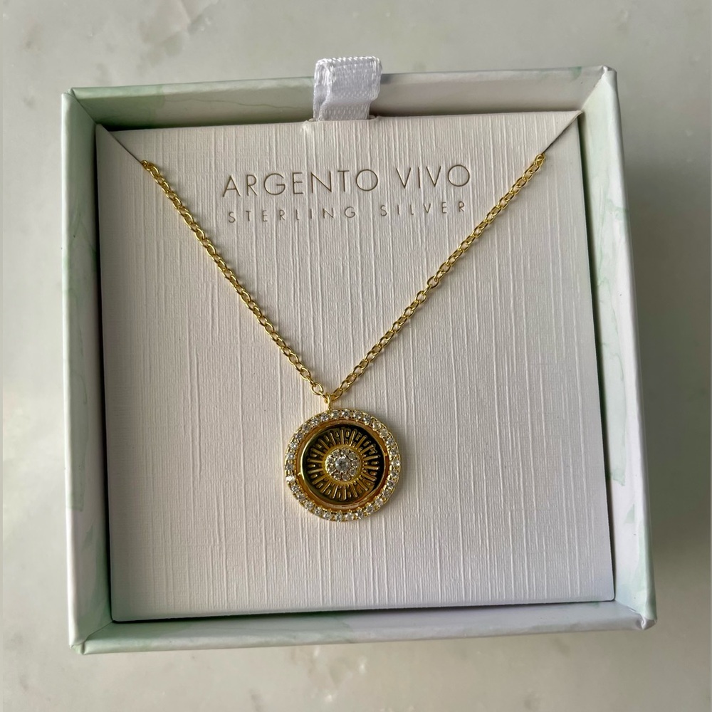 + ARGENTO VIVO + Sterling Silver CZ Coin Pendant Necklace - Picture 5 of 6